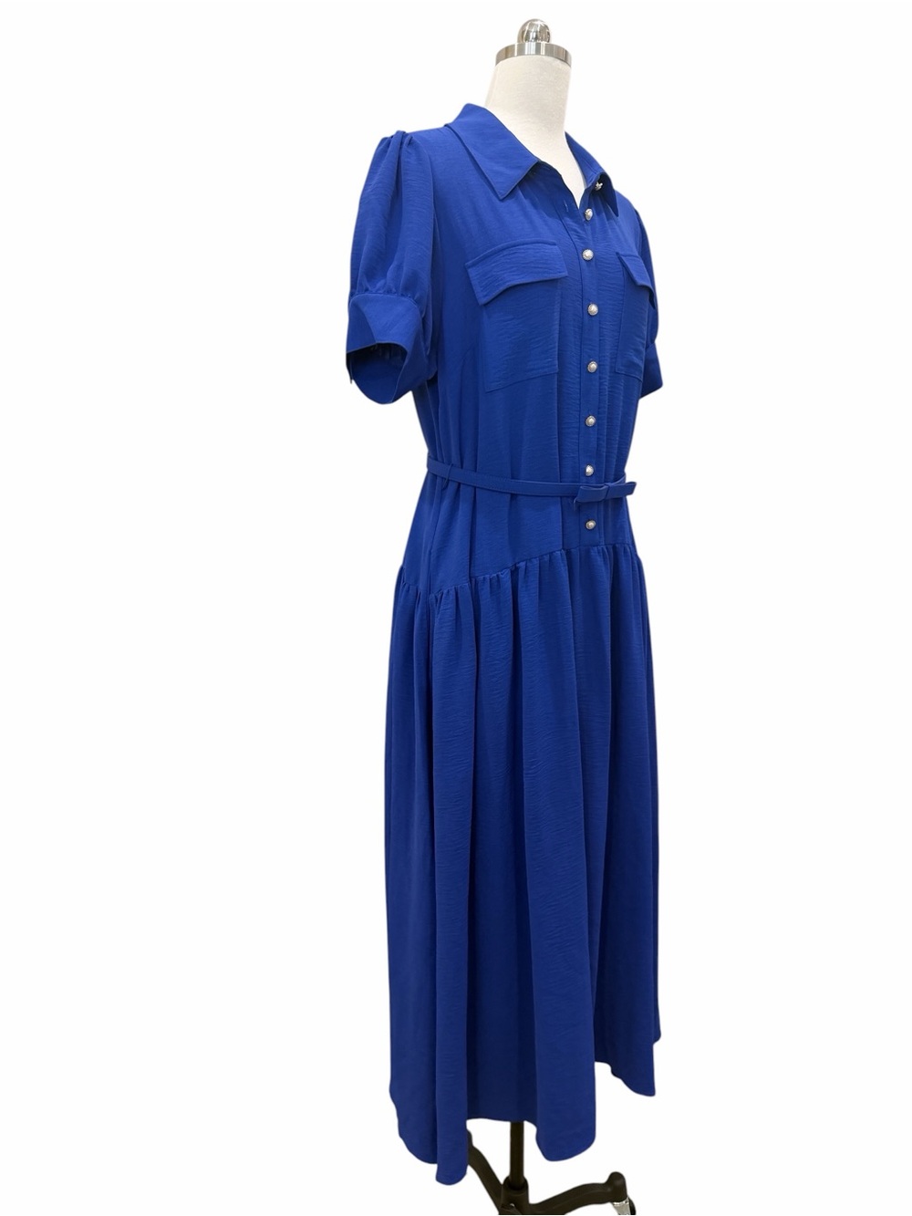 Karl Lagerfeld Belted Midi Shirt Dress Puff Sleeve Pockets Pearl Blue 12 NWT - Picture 10 of 15